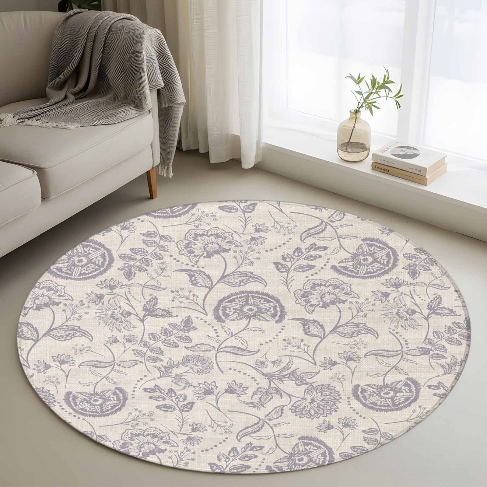 Retro Pastoral Round Rugs for Living Room 4ft Purple Flowers Linen Background Farmhouse Non Slip Circle Rug Washable Low-Profile Indoor Carpet for Bedroom Dining Room Bathroom