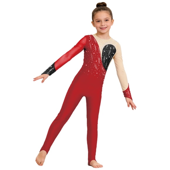 inlzdz Kids Girls Dance Unitard Long Sleeve Gymnastics One Piece Full Bodysuit Jumpsuit Figure Skating Catsuit Burgundy 10
