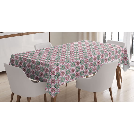 Ethnic Tablecloth, Boho Style Mosaic Tiles Swirly Lines Flowers Moroccan Art, Rectangle Satin Table Cover Accent for Dining Room and Kitchen, 52" X 70", Pale Pink Red, by Ambesonne