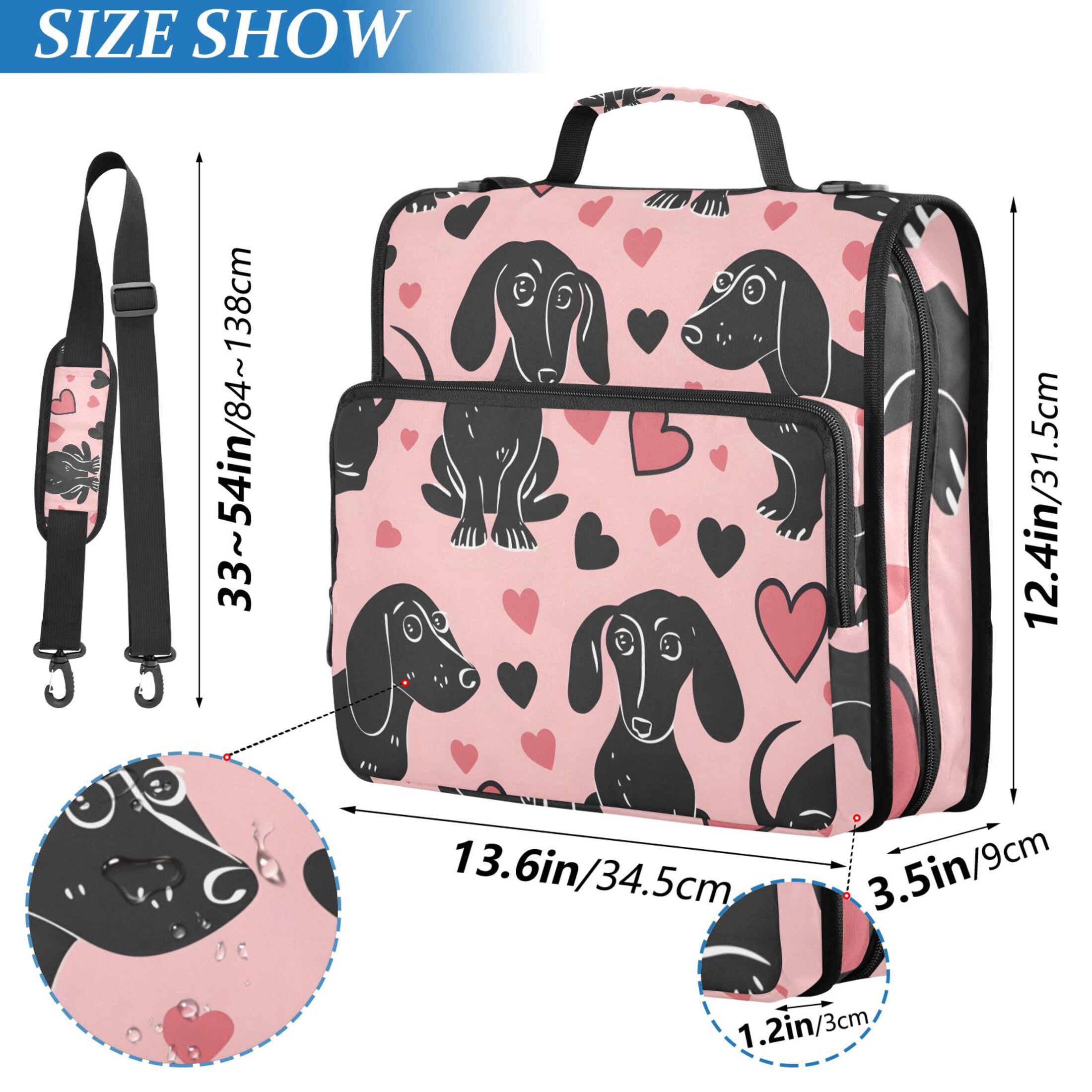 3 Ring Zipper Binder with Shoulder Strap Waterproof Trapper Keeper 2 Inch D-Ring 500 Sheets Capacity Dachshund Dogs and Heart