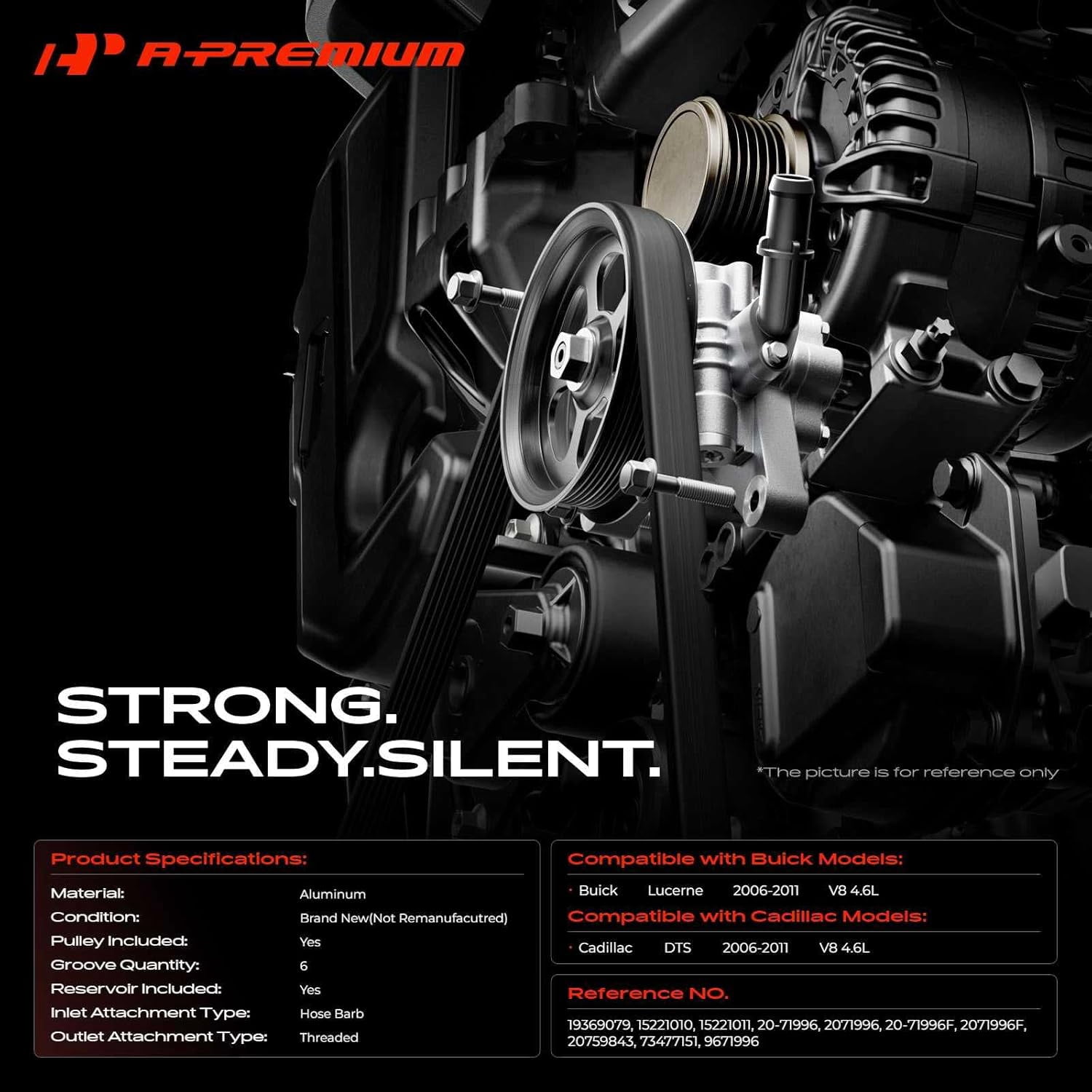 A-Premium Power Steering Pump with Reservoir and Pulley Compatible with Cadillac DTS Cast Iron, 4.6L