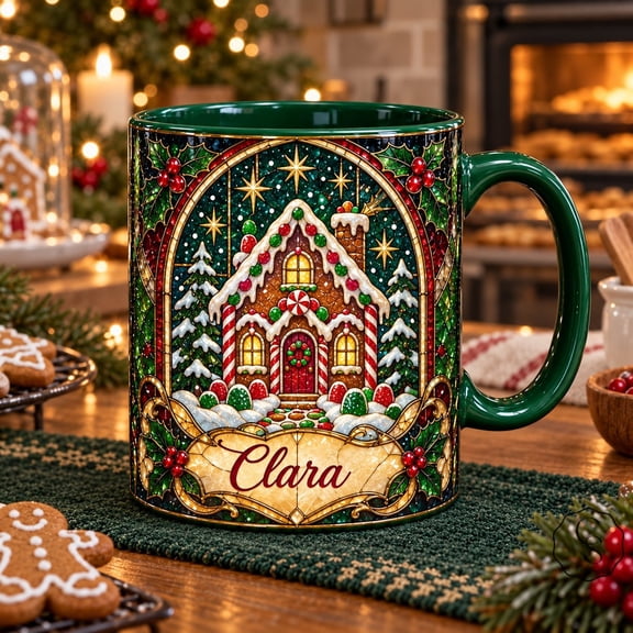 Mug Gingerbread House Stained Glass Style for Holiday Drinks, Personalized Christmas Baking Gift