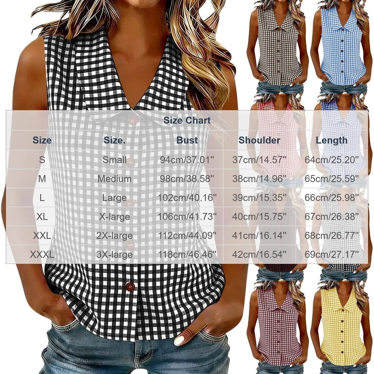 トップス HOLIDAY CHECK LINEN BIG COLLAR BLOUSE Ihhxva Women's Linen Tops Gingham Sleeveless Blouse Button Detail