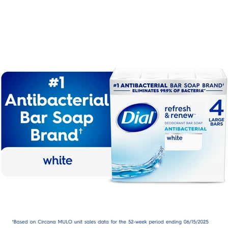 Dial Antibacterial Bar Soap, Refresh & Renew White Deodorant Bar, 4 oz (4 Bars)