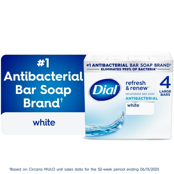 Dial Antibacterial Bar Soap, Refresh & Renew White Deodorant Bar, 4 oz (4 Bars)