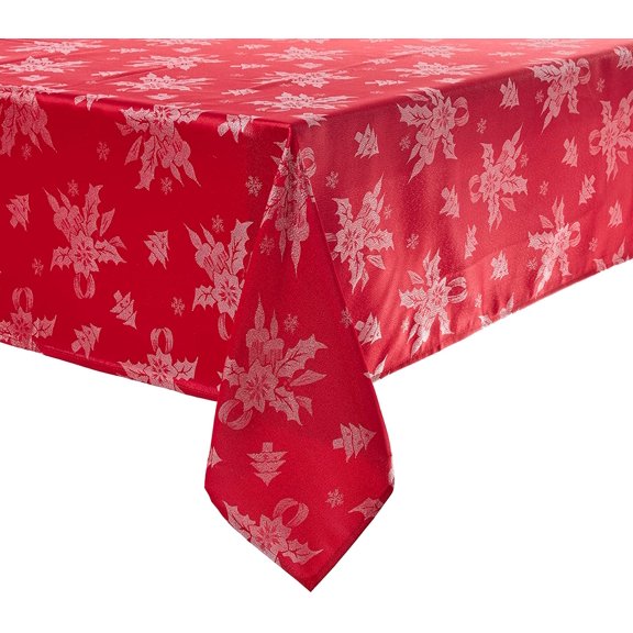 Violet Linen Vintage Sparkling Christmas Holly Bows Damask Pattern, Polyester Jacquard, with Metallic Plain Weave Woven, Red, 60 Inch by 120 Inch, Seats 10 to 12 people, Rectangular Tablecloths