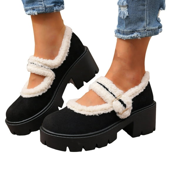 Rokment Winter Snow Boots for Women with Fleece Lined Vintage Warm Fuzzy Platform Chunky High Heel Mary Jane Shoes Casual Ballet Dress Ankle Booties Black Size 6