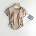 thumbnail image 2 of JGGSPWM T-Shirts d'Été pour Femmes Col Rond Manches Courtes Plissés Raccourcis avec Coussin de Poitrine Blouses de Mode Unies Khaki S, 2 of 4