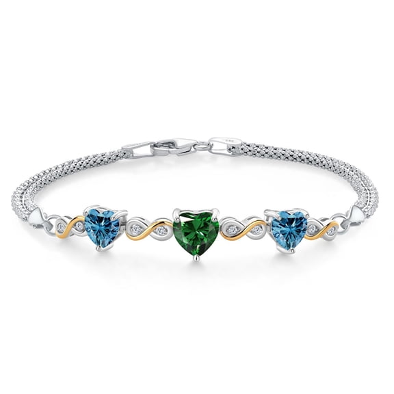 925 Silver and 10K Yellow Gold Green Nano Emerald and Persian Blue Moissanite and Lab Grown Diamond Bracelet for Women (2.68 Cttw, May Birthstone, Heart 7MM and 6MM, 6.5/7/7.5 inch, Made in Italy)