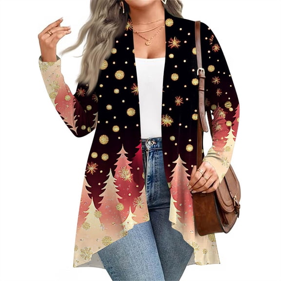 Women's Fall and Winter Fashion Casual Print Long Sleeve Mid-Length Cardigan Jacket, Christmas Theme for Holiday Season,Khaki,2XL