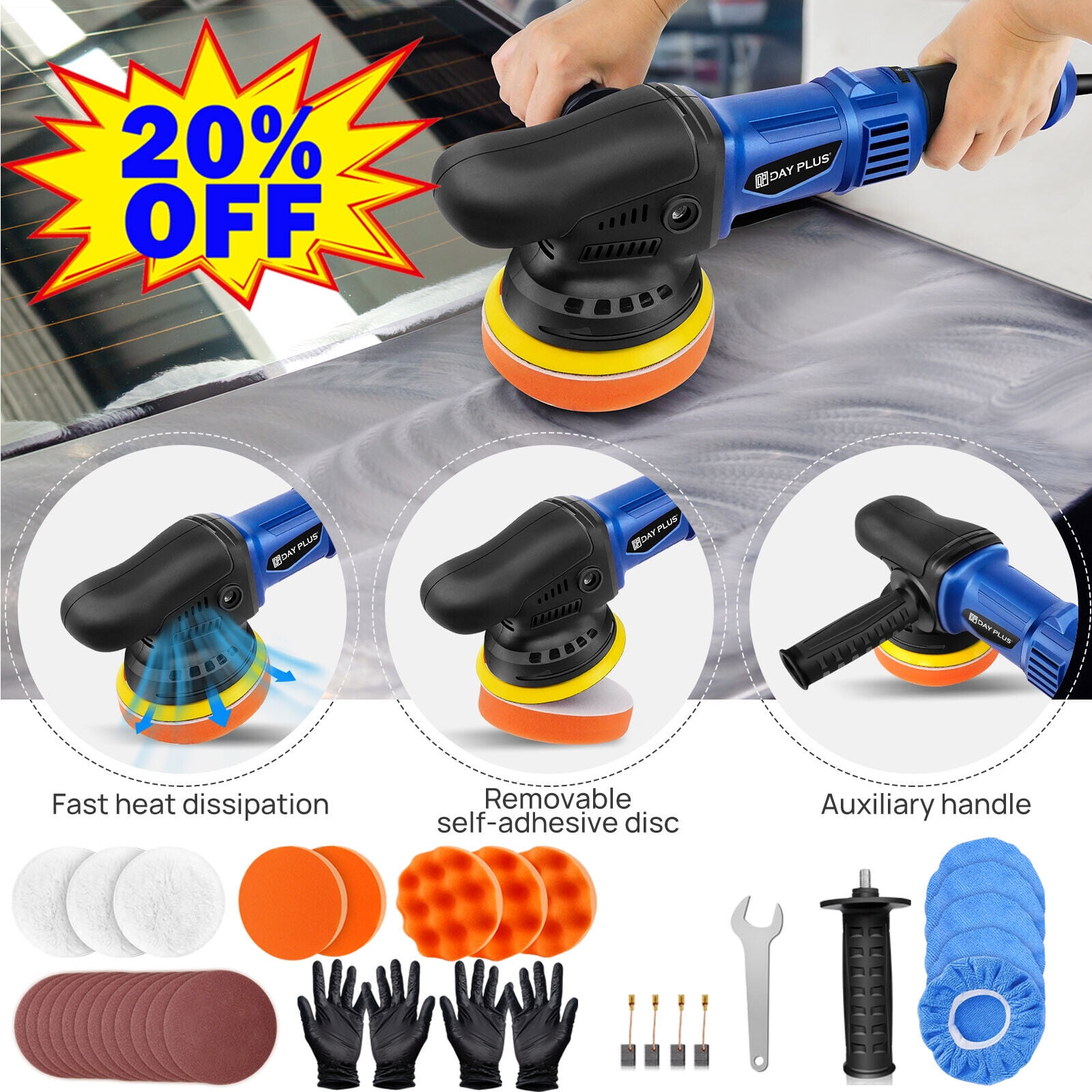 980W Dual Action Polisher For Car Detailing - 5/6 Inch Random Orbital Buffer, 2800-5800 RPM, Variable Speed, With 8 Pads