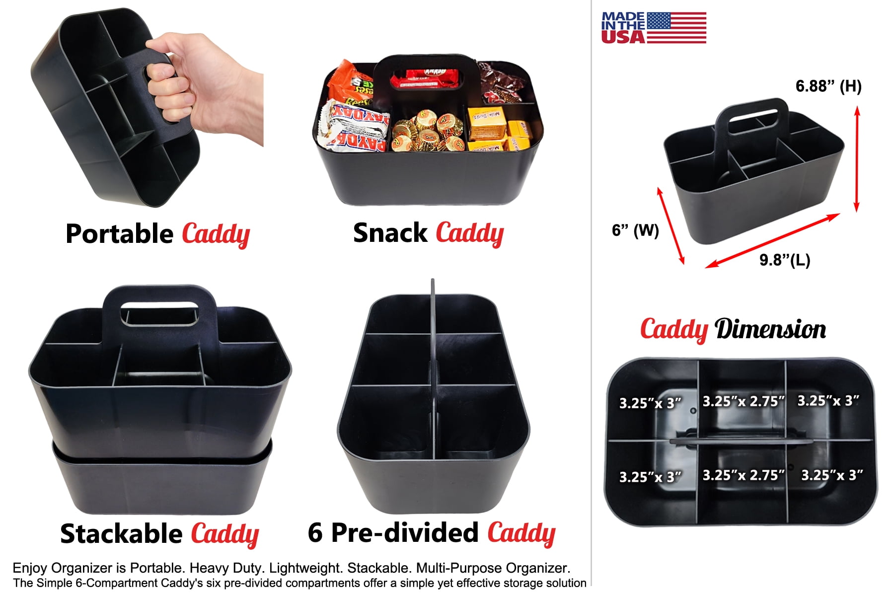 Enjoy Organizer - Small Stackable Plastic Caddy with Handle 6 Compartment | Desk, Makeup, Dorm Caddy, Classroom Art Organizers - 4 Pack, Made In USA (Black)