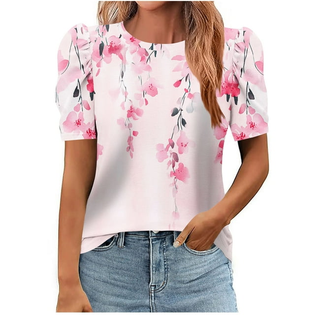 Amzcrzy Hauts pour Femmes Col Rond Manches Courtes Hauts de Printemps Été Hauts Tendance à Imprimé Floral Hauts Boho Décontractés Confortables Polyvalents Hauts de Sortie T-Shirts