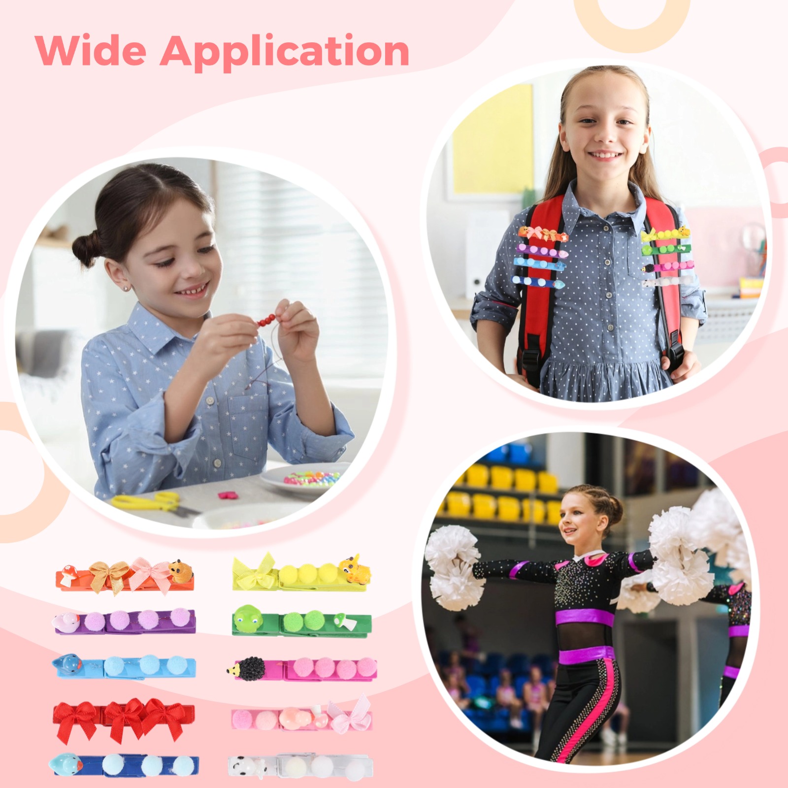 392 PCS Cheer Pins Spirit Clips Set, DIY Cheer Clips for Backpack, Includes 100 Colorful Wooden Clips, Fluffy Balls, Fabric Bows, Resin Animal Figurines for Craft Projects