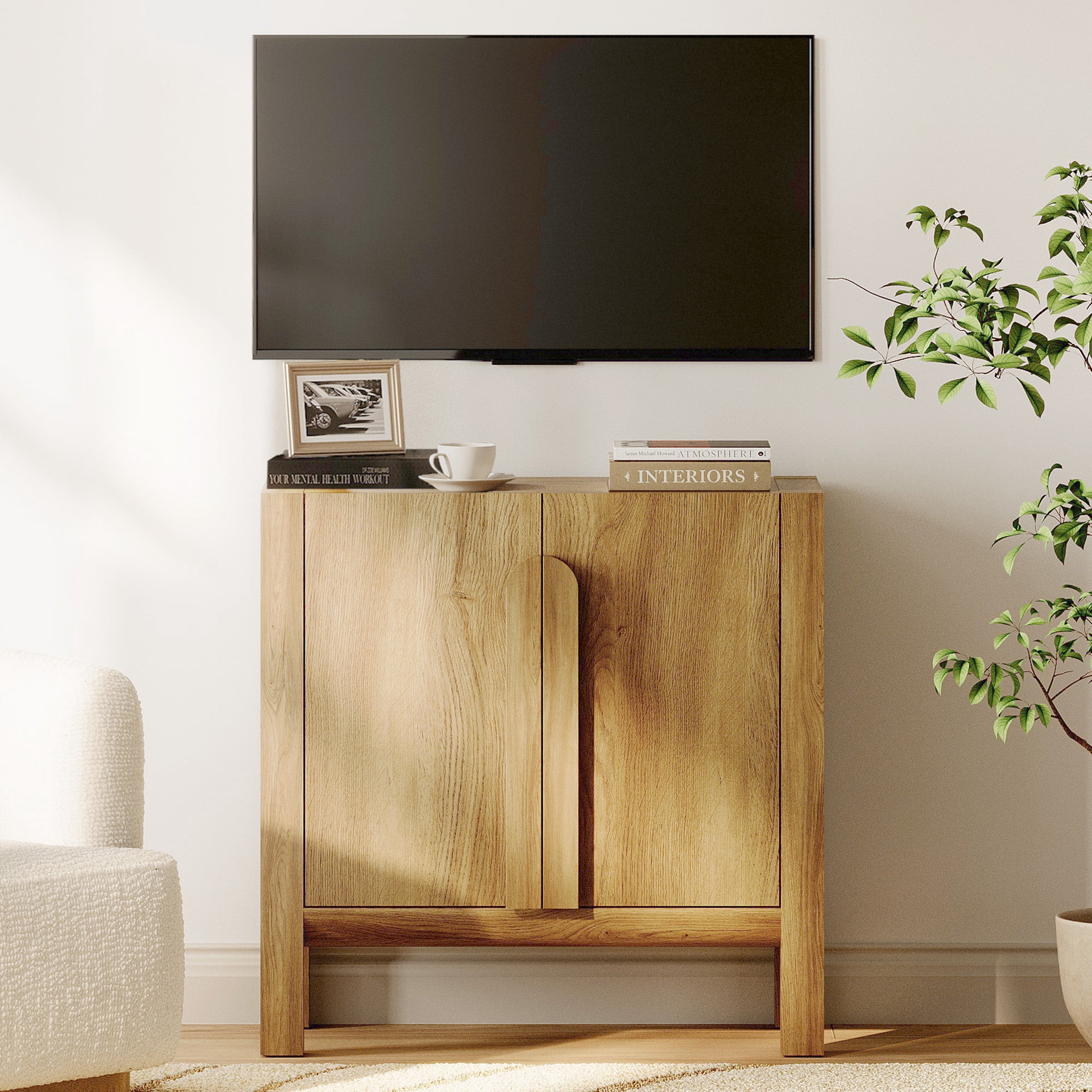 Mid-Century Modern Nightstand with Doors, 31.5" Large End Table, Wooden Bedside Table Storage Cabinet for Bedroom, Living Room,Entryway
