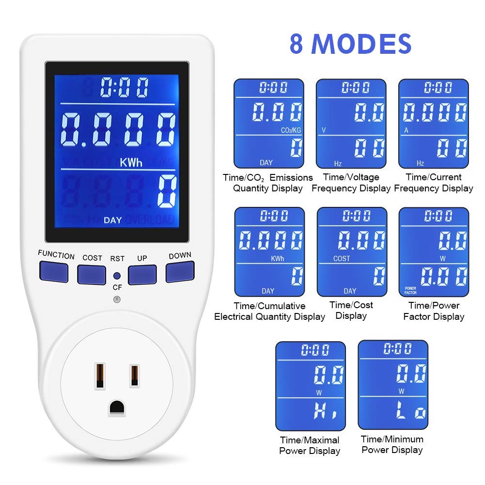 Electricity Usage Monitor, Plug in Power Consumption Meter Home Energy Consumption Analyzer with Digital LCD Display Overload Protection Watt Volt Amps Wattage KWH