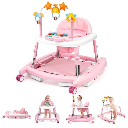 5-in-1 Foldable Baby Walker with Music & Lights – Adjustable Height, Wheels & Bouncer, Portable Toddler Walker for Baby Girls 6-18 Months, Pink
