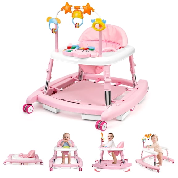 5-in-1 Foldable Baby Walker with Music & Lights – Adjustable Height, Wheels & Bouncer, Portable Toddler Walker for Baby Girls 6-18 Months, Pink