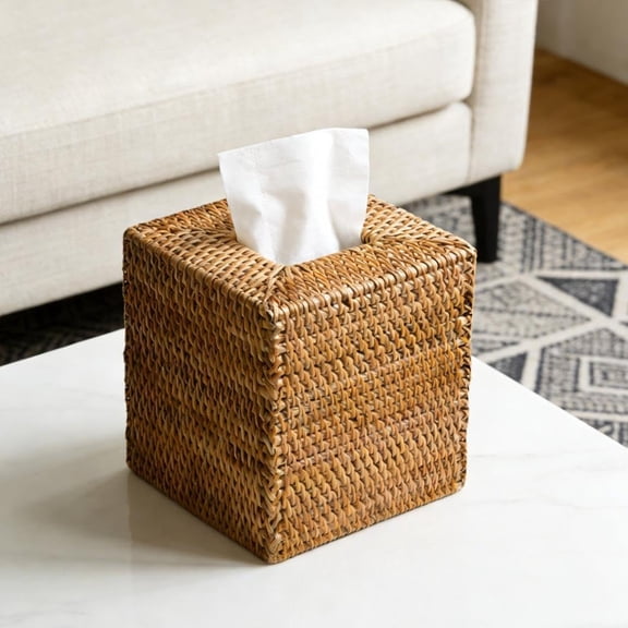 Square Handwoven Wicker Tissue Box Cover, Natural Rattan Napkin Holder for Bathroom, Boho Decorative Facial Tissue Case for Office & Nightstand