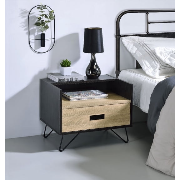 Melkree Oak & Black Finish Accent Table - 1-Drawer with Display & Utility