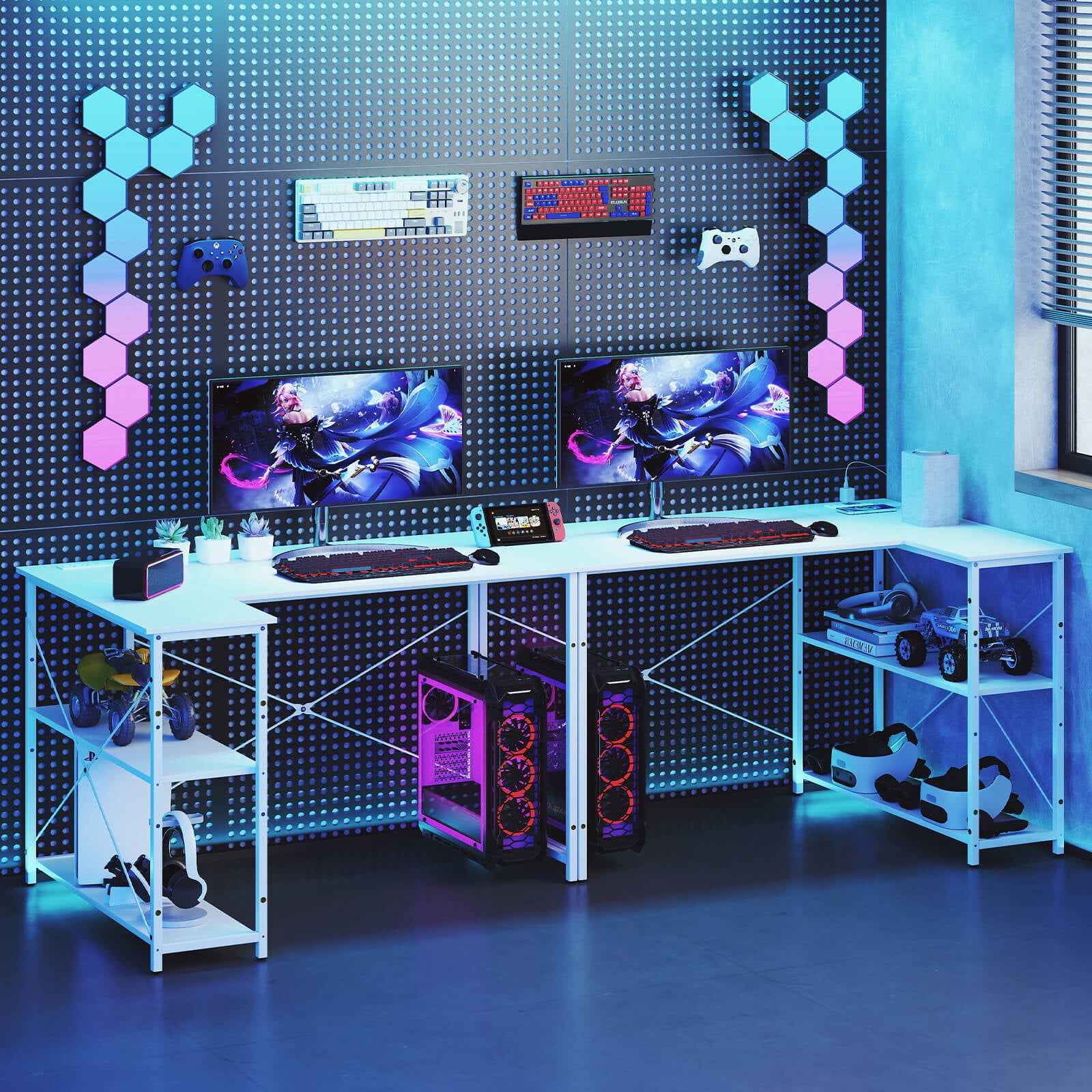 Costway L-Shaped Computer Desk with Power Outlets Adjustable shelf Heavy-Duty Metal Frame White