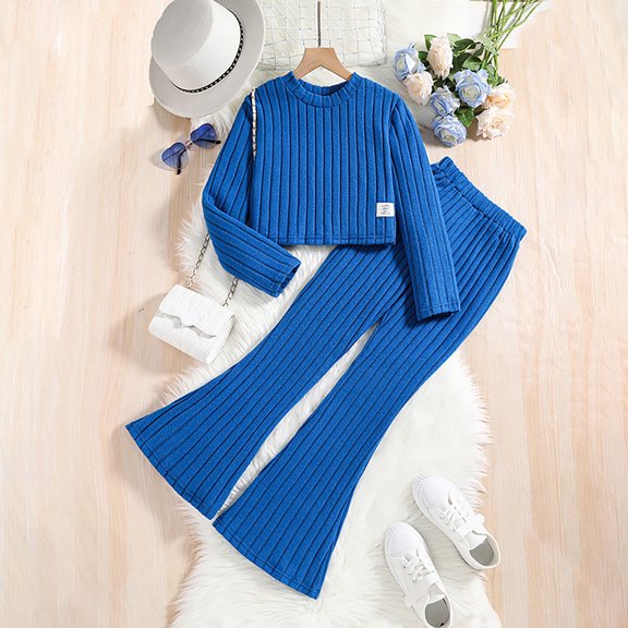 Angala 2 Piece Outfits For Girls Crew Neck Long Sleeve Ribbed Top With Flared Leg Trousers Set Girls Fall Season Wear Clothes
