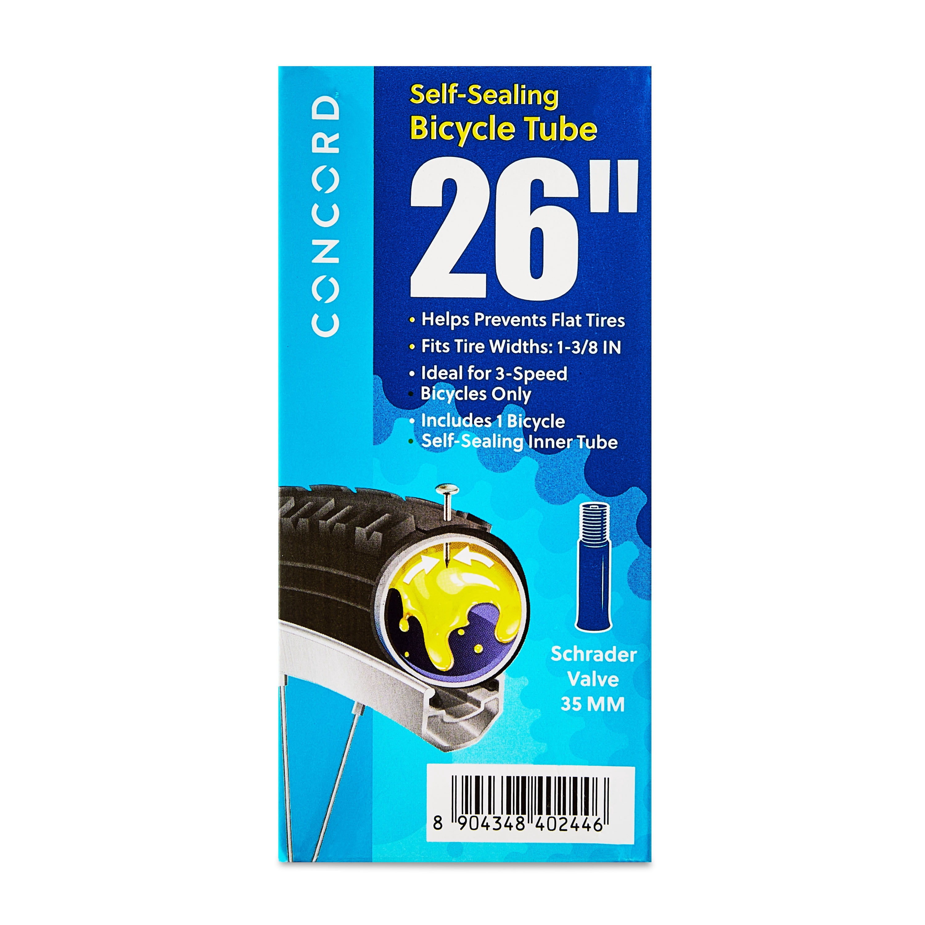 Concord Self-Sealing Bicycle Inner Tube with Schrader Valve, 26" x 1-3/8"