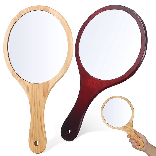 Shisuyan 2pcs Handheld Mirror Portable Travel Mirror Wood Hand Mirror Large Makeup Mirror