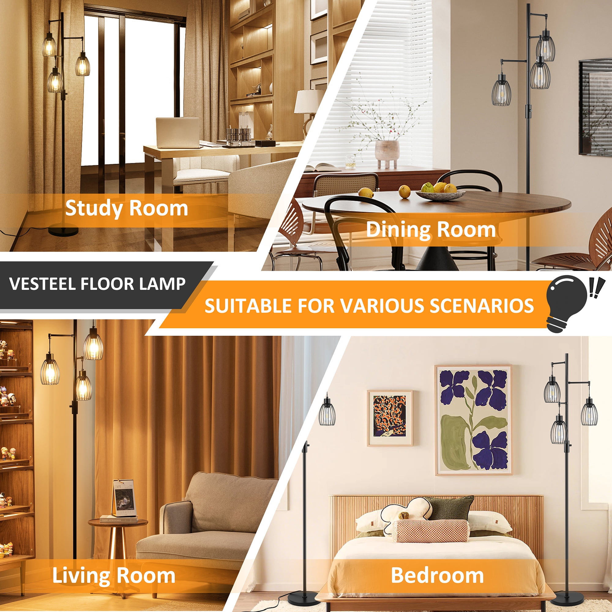 Vesteel Standing Lamp, Farmhouse Lamp with 3 Teardrop Cage and Bulbs, Industrial Dimmable Floor Lamp for Living Room Bedroom Office Dining Room