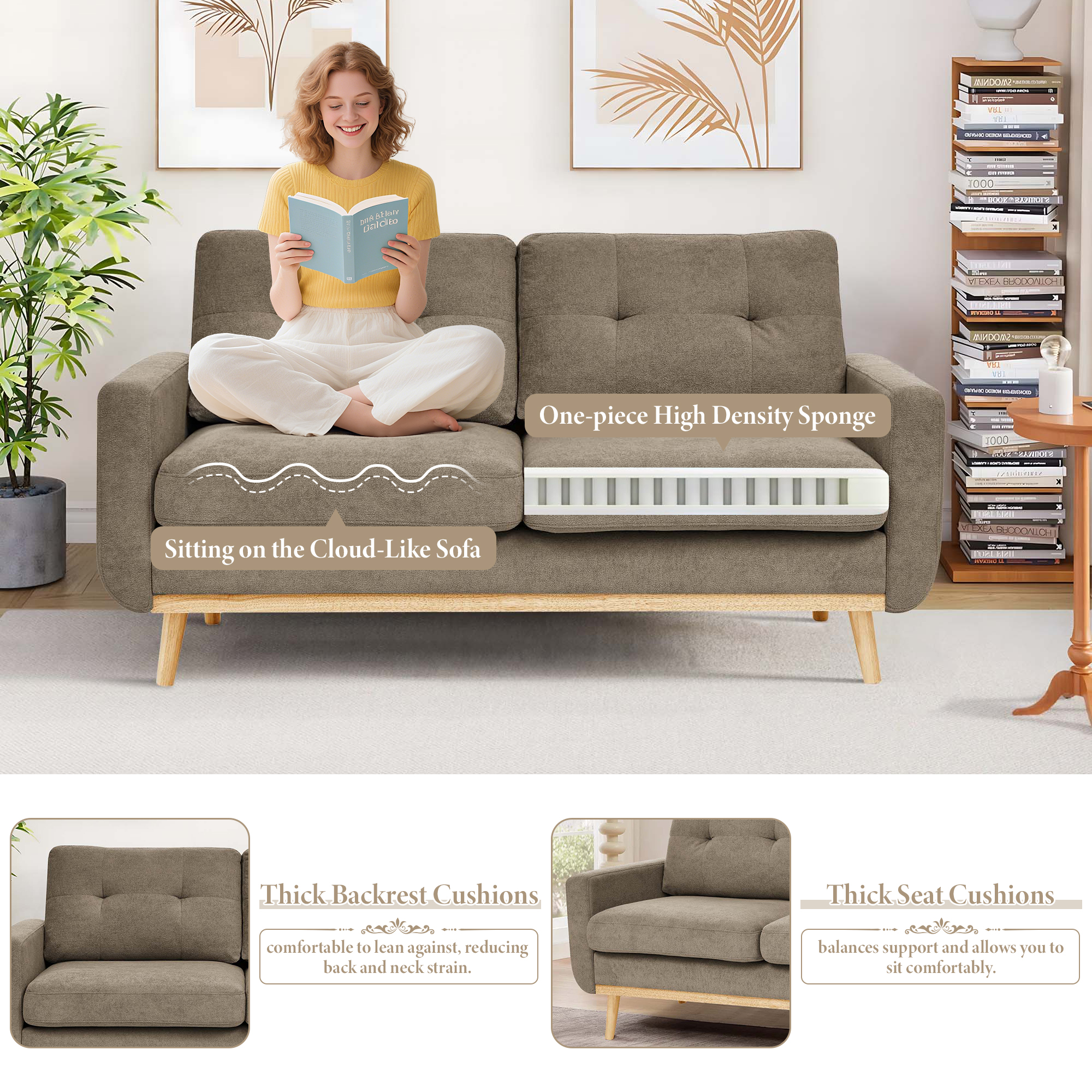 Timbernest 67.7" Loveseat Sofa, Mid-Century Loveseat Couch with Wooden Legs, Khaki Tufted Upholstery