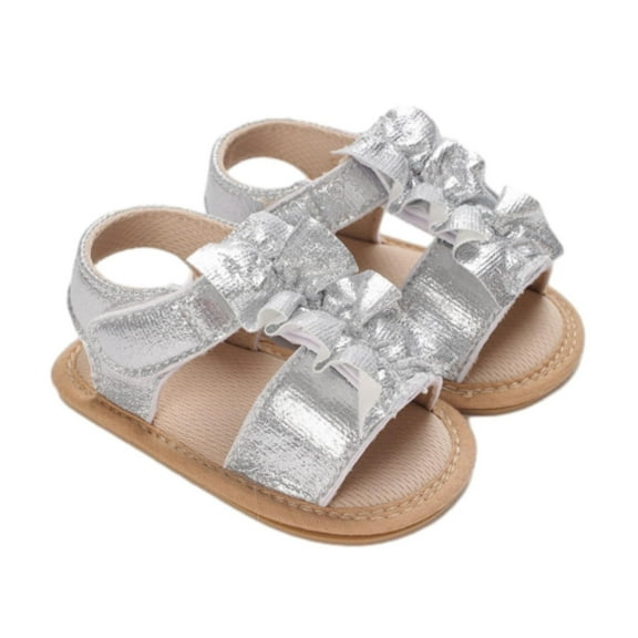 XIMIN Baby Girl Sandals Rubber Sole Summer Outdoor Beach Infant First Walker Comfortable Premium Crib Dress Flat Shoes Baby Sandals (0-3 Months, Silver)