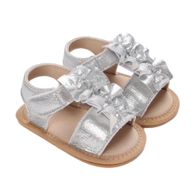 GiLiling Baby Girls Sandals, Open-Toe Summer Sandal with Ruffle T-strap, Non-Slip Rubber Sole Prewalker Baby Sandals (Silver, 3-6 Months)