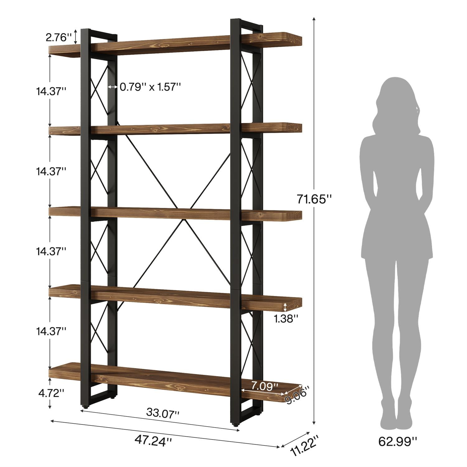 Demi Bonn 72" Industrial Wooden Bookshelf, Multi-Level Display Storage with Metal Construction for Living Room, Brown