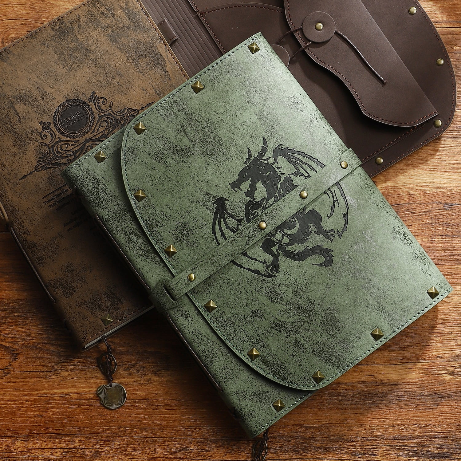 DND Dragon Notebook, Dragon Embossed Notebook for Dungeons & Dragons/D&D, Great RPG Accessory Nerdy Gift for DMs and Players, 288 Page A5 Leather Notepad, Great for Men and Women! Rivet Green Dragon