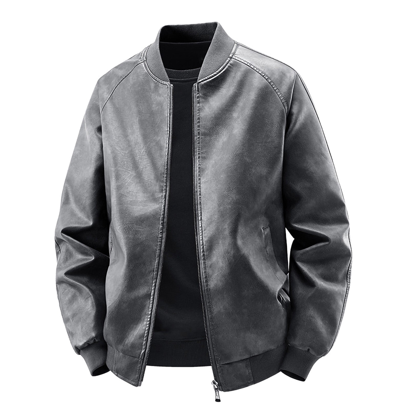 Faux Leather Bomber Jacket for Men with Sherpa Fleece Lined Pockets Thick Warm Full Zip Winter Coats Collarless (2XL, Gray)