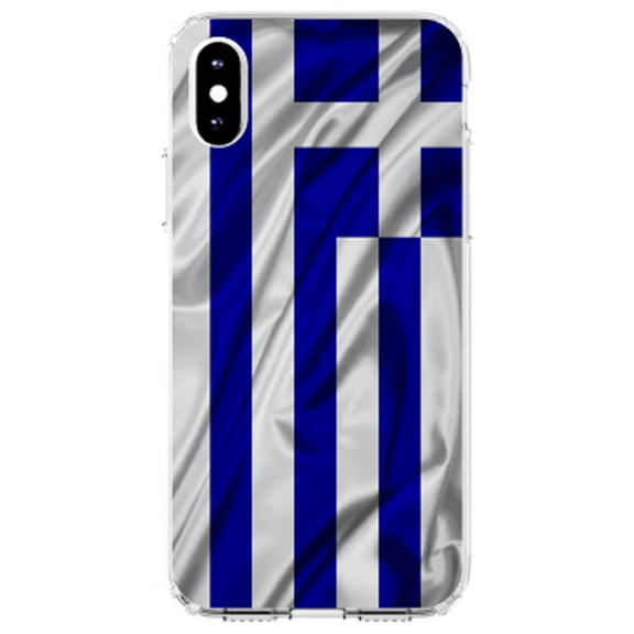 DistinctInk Clear Shockproof Hybrid Case for iPhone XS Max (6.5" Screen) - TPU Bumper, Acrylic Back, Tempered Glass Screen Protector - Greece Waving Flag