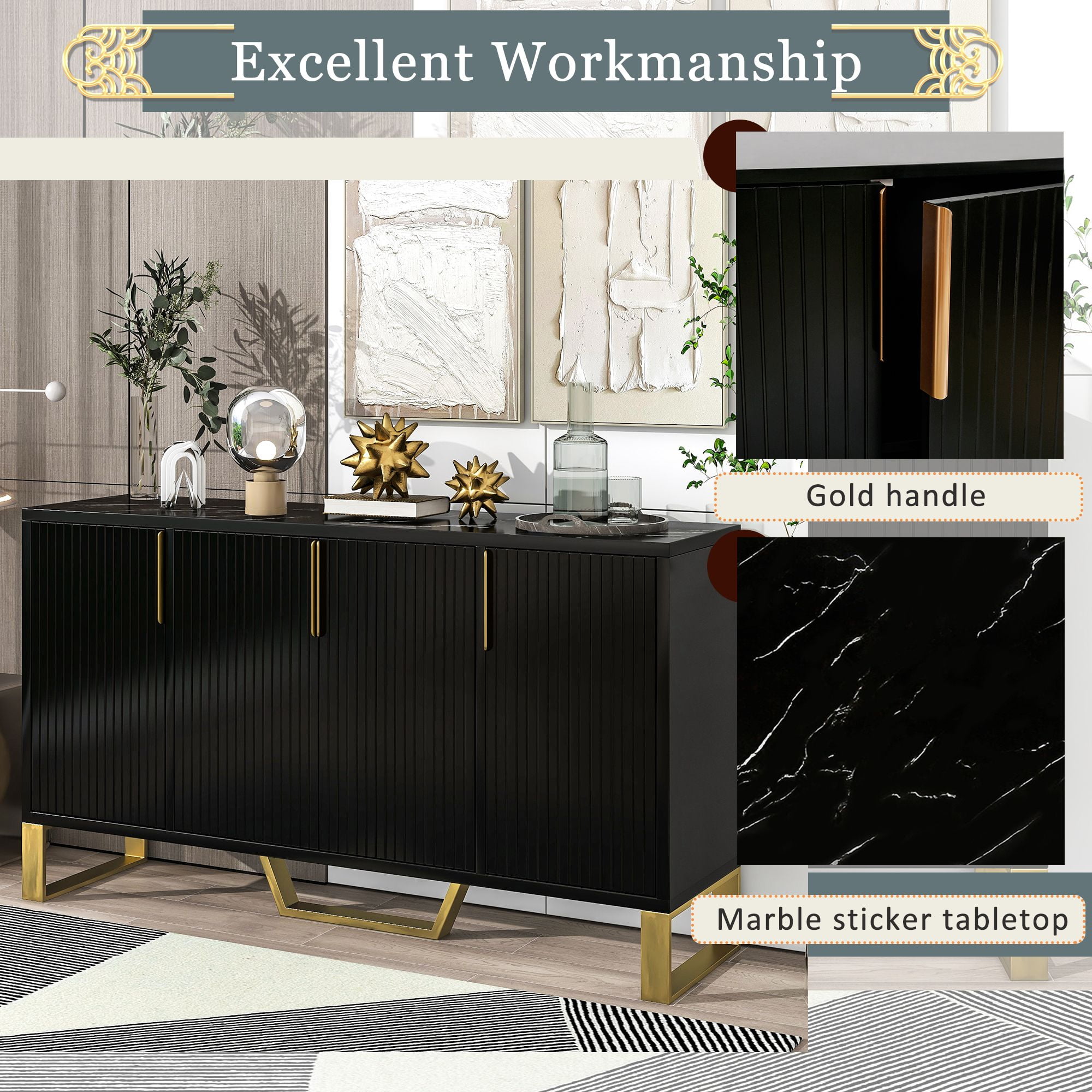 Aukfa Kitchen Cabinet,Modern sideboard with Four Doors - Black