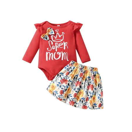 

Canrulo Newborn Infant Baby Girl 2Pcs Clothes Letter Long Sleeve Top Romper Bodysuit Floral Skirt Summer Spring Outfits Red 18-24 Months