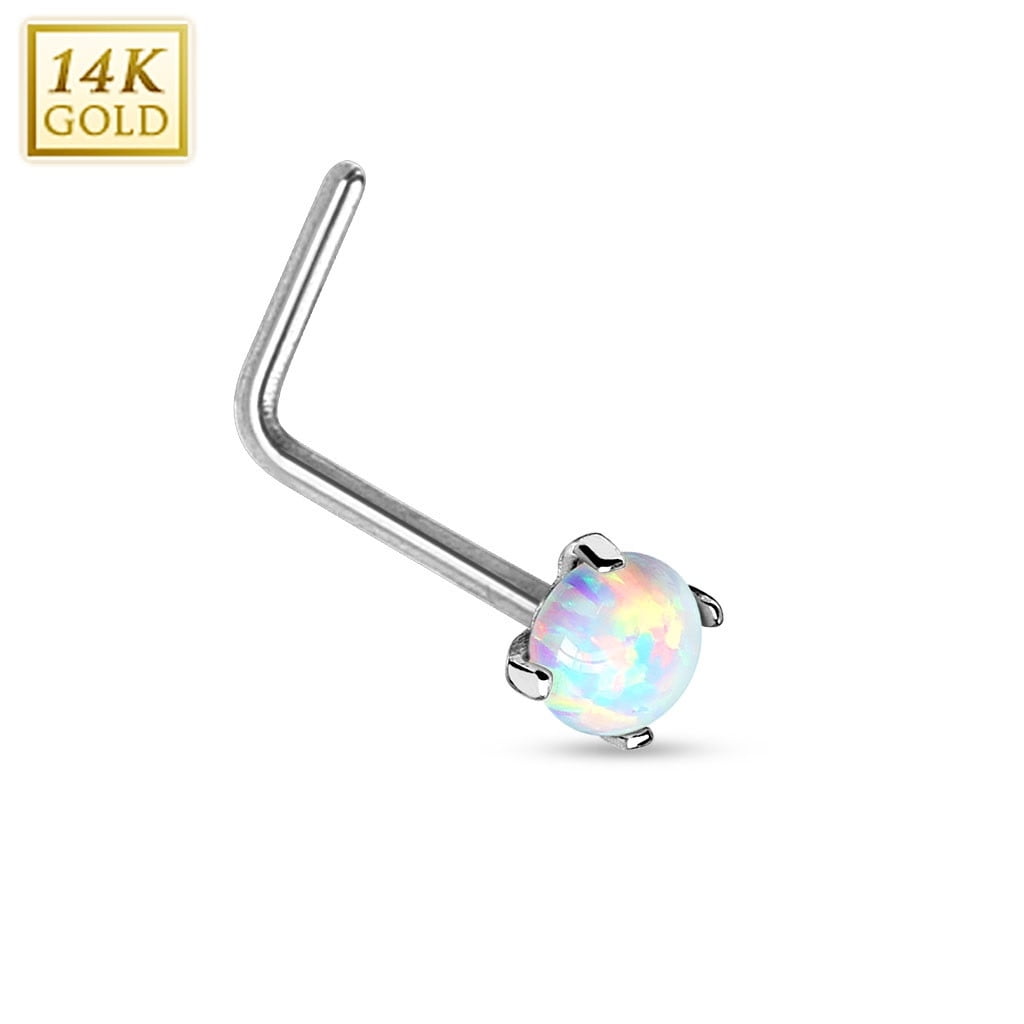 L-SHAPE PRONG SET SYNTHETIC-OPAL NOSE RING STUD 14KT WHITE GOLD PIERCING 20G 
