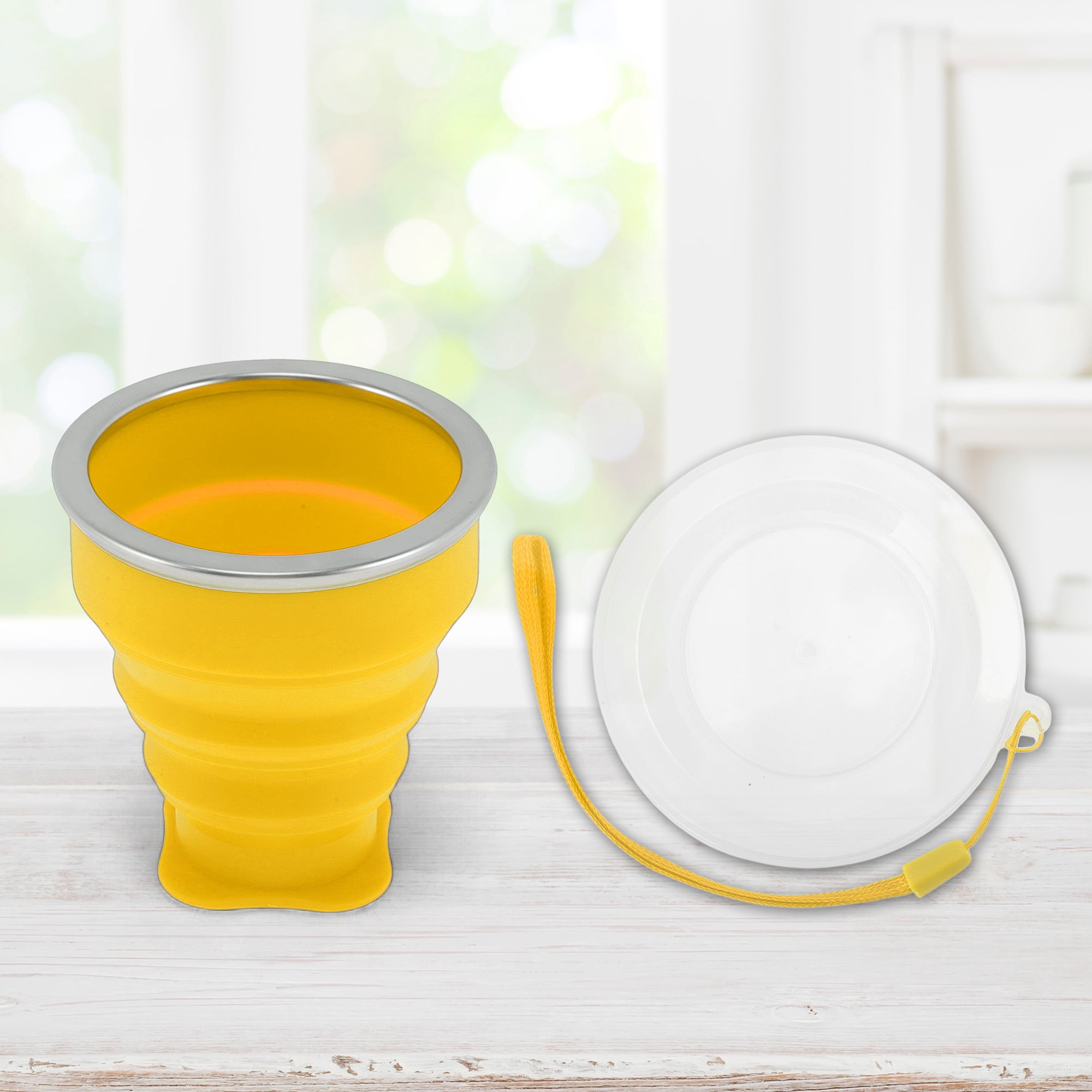 Unique Bargains Folding Cup with Wrist Strap Collapsible Cups 200ml 1 Pc Yellow
