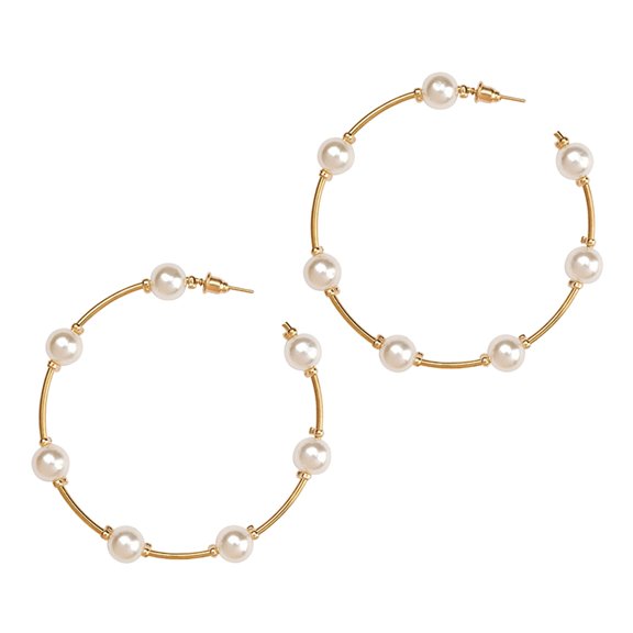 Small Size Large Hoops Alloy Earrings, Circle Pearl Dangle Earrings, Elegant Silver/Gold Jewelry For Wedding & Daily Wear