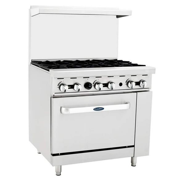 Atosa CookRite AGR-6B-LP 36" Gas Range with Full-Size Oven, Over Shelf and Backsplash Cooker Stove | 6 Cast Iron / 1 Oven Burner | Heavy Duty Stainless Steel, 219,000 BTU, Liquid Propane (LP)
