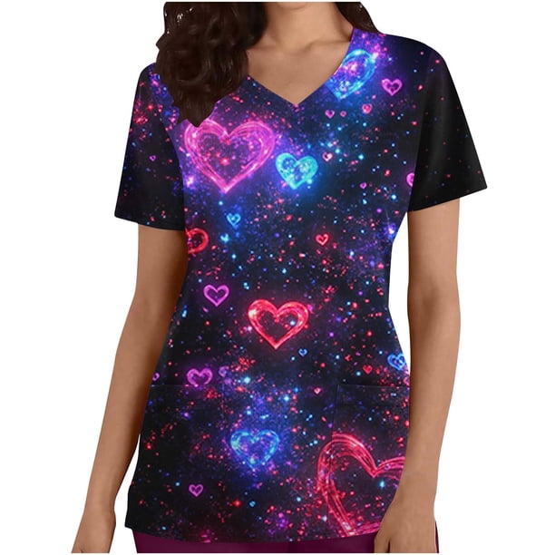 TaTaai Romantic Heart Print Women Scrub Blouse Premium Cotton Regular Fit Short Sleeve V Neck Functional Pocket Non See Through Nurse Work Daily Wear Gift