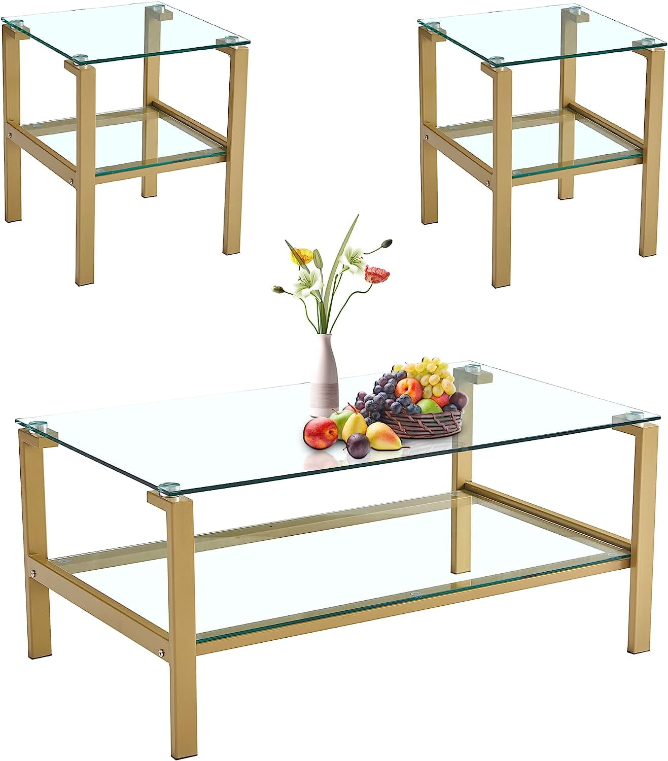 Holaki Glass Coffee Table End Table Sets of 3 for Living Room, Mordern Gold Sofa Side Tables