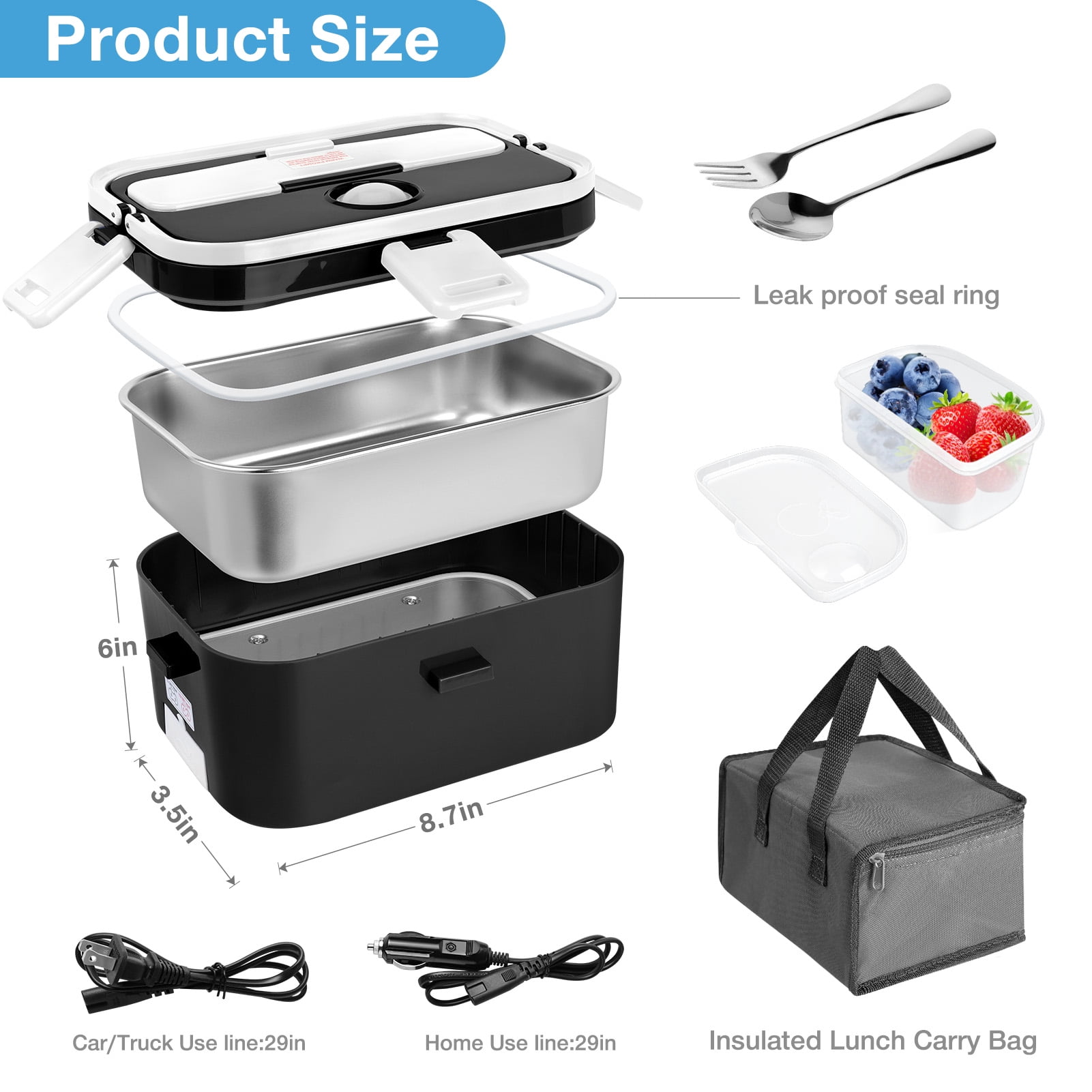 Livhil Electric Lunch Box Food Heater, Portable Food Warmer, Hot Lunch Warmer Heated Lunch Box for Adults, 60W 1.8L 12V-24V 110V Stainless Steel Container Portable Food Heater (Black+White)