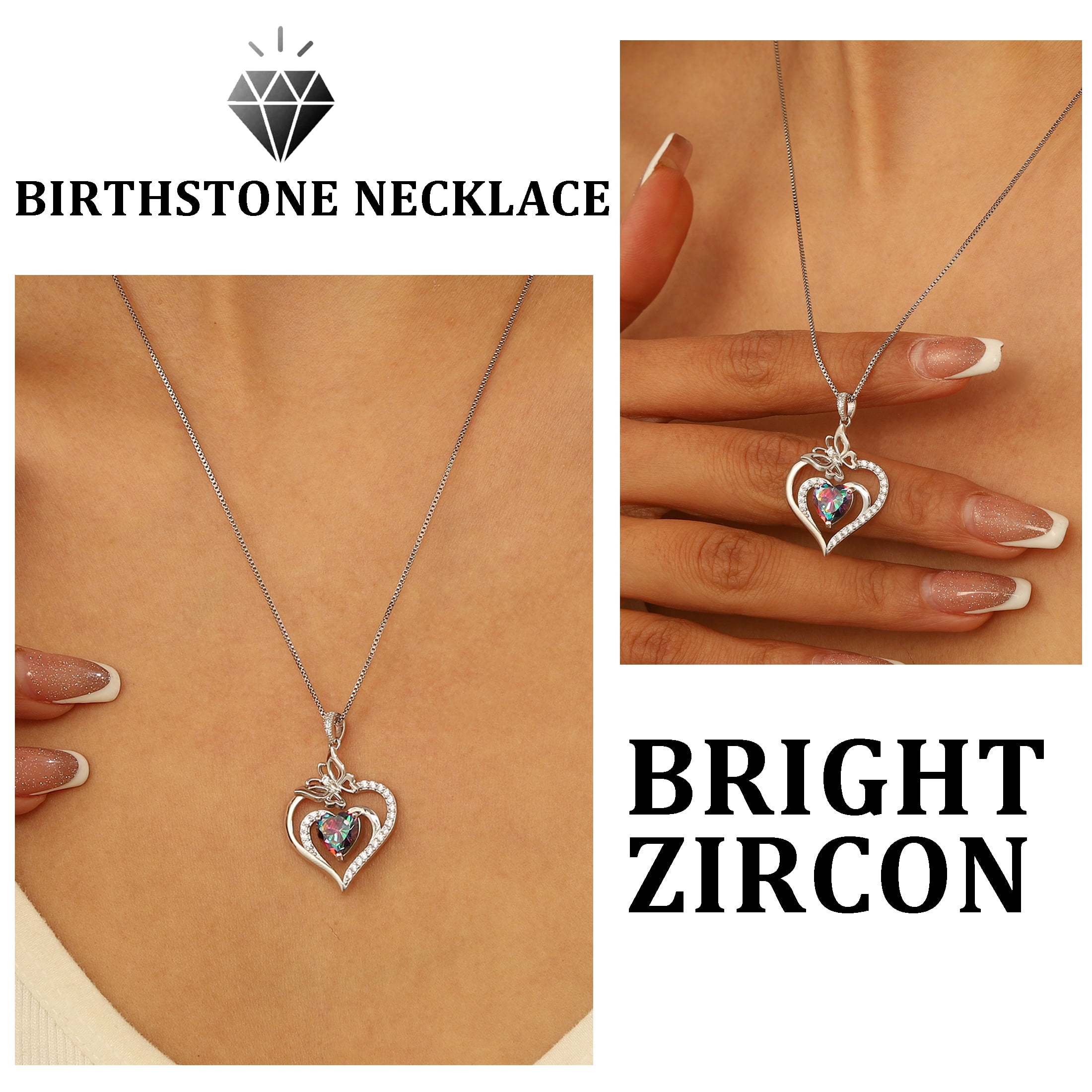 Beautlace 925 Sterling Silver Heart Multi Color Mystic Topaz Birthstone Necklace,Butterfly Pendant Necklace Cute Animal Jewelry Birthday Christmas Valentines Gifts for Women