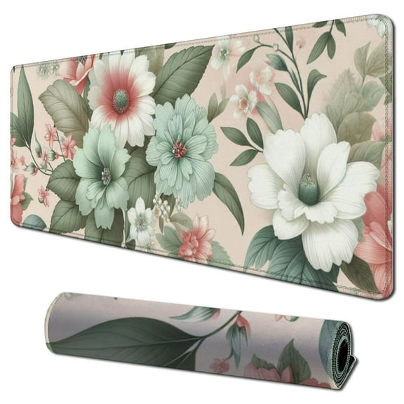 nygtbtfer Pink Flowers Keyboard Pad PC Gaming Desk Mat Desk Mouse Pads Green Leaves Floral Mouse Pad Large, Computer XL Big Mousepad Deskpad Mat with Stitched Edge for Women Home Office Decor