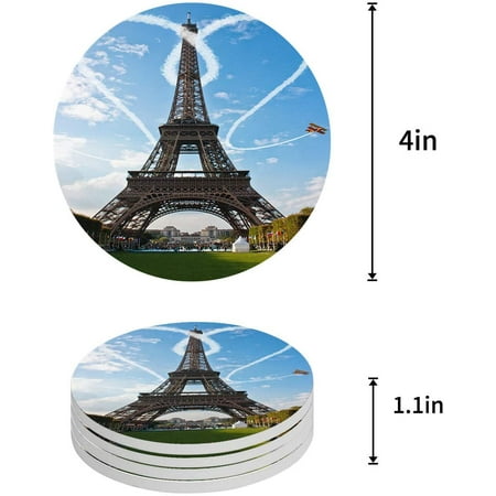 

KXMDXA French Paris Eiffel Tower Set of 4 Round Coaster for Drinks Absorbent Ceramic Stone Coasters Cup Mat with Cork Base for Home Kitchen Room Coffee Table Bar Decor