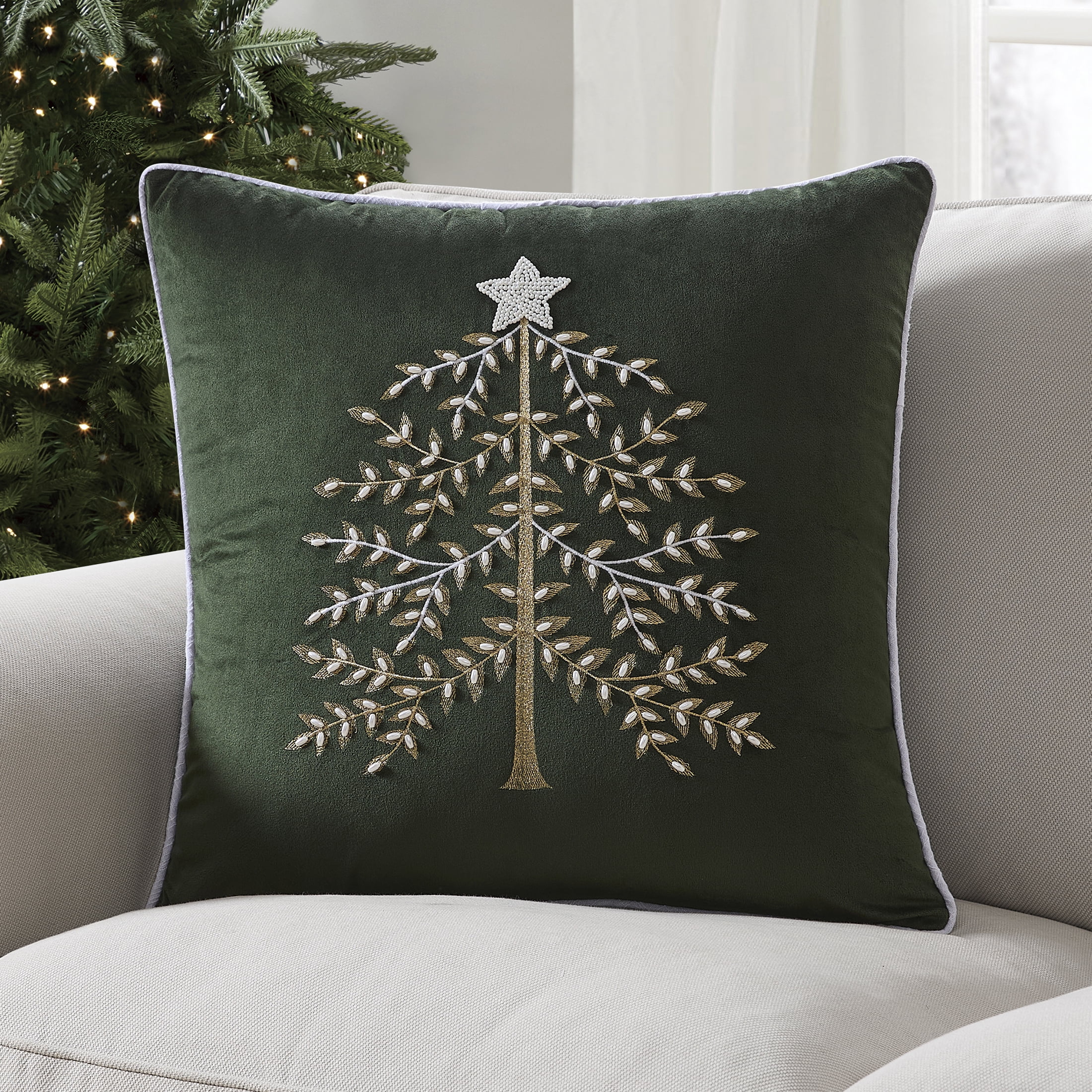 My Texas House Margaret 20" x 20" Green Velvet Embellished Tree Decorative Pillow