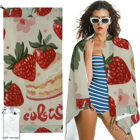 BCIIG Quick Dry Bath Towel 27.5x55in Ultra-Fine Fiber Towel for Beach, Swimming, and Travel with Strawberry Cake Theme 27.5x55in